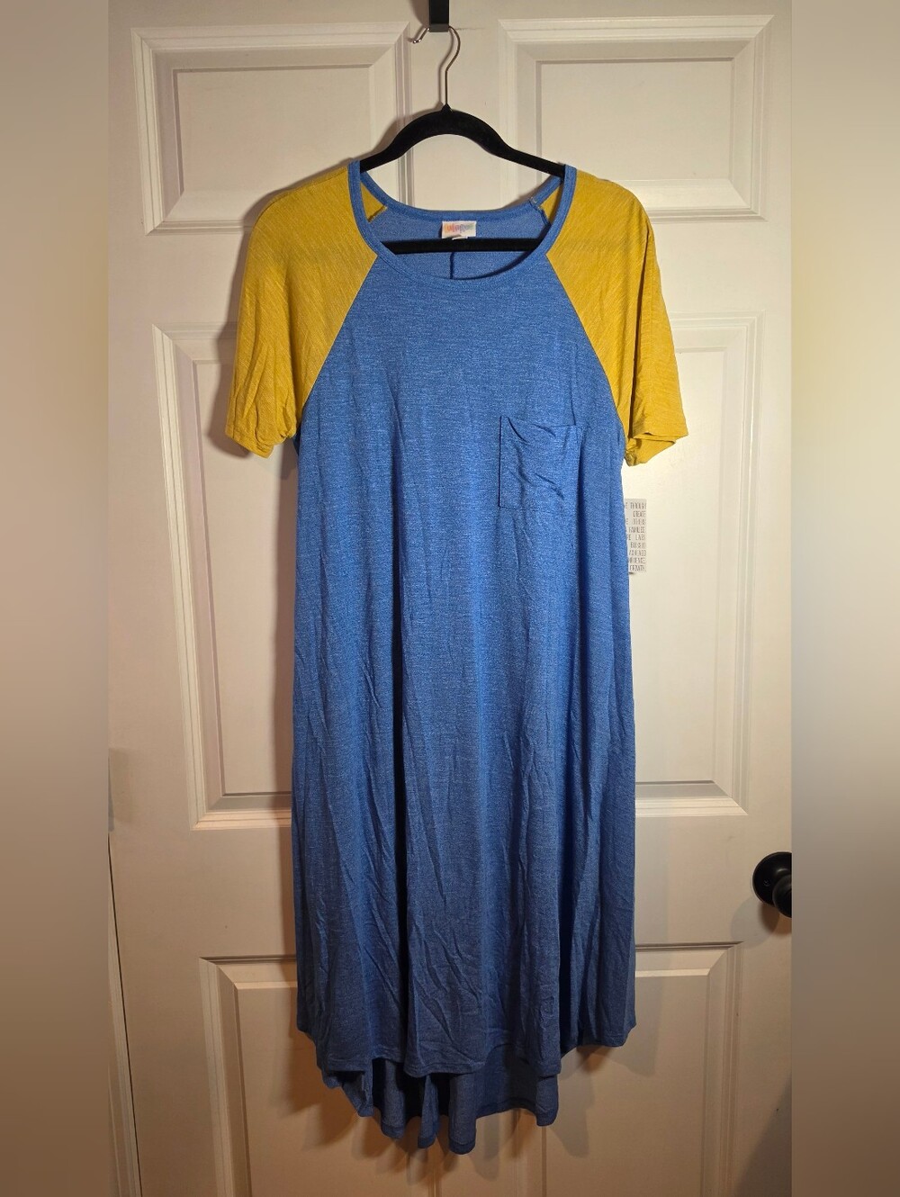 NWT Lularoe Carly Casual Blue and Mustard Raglan Sleeve Dress L